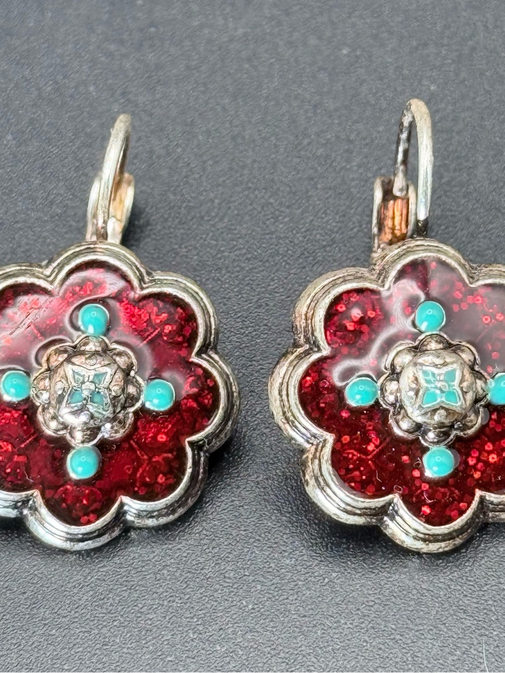 Vintage Avon 80s Silver Tone Red  Turquoise Enamel Pierced Hook Earrings